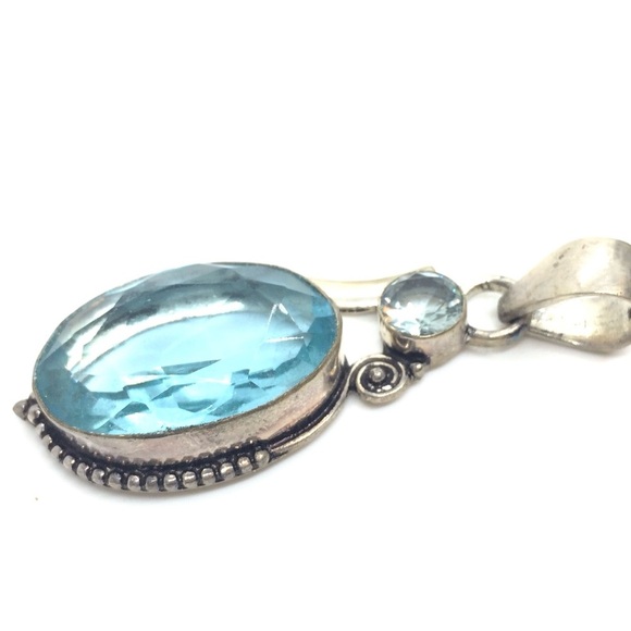 VINTAGE STERLING SILVER 925 LARGE BLUE FACETED GLASS PENDANT ABSTRACT BOHO - Picture 7 of 14